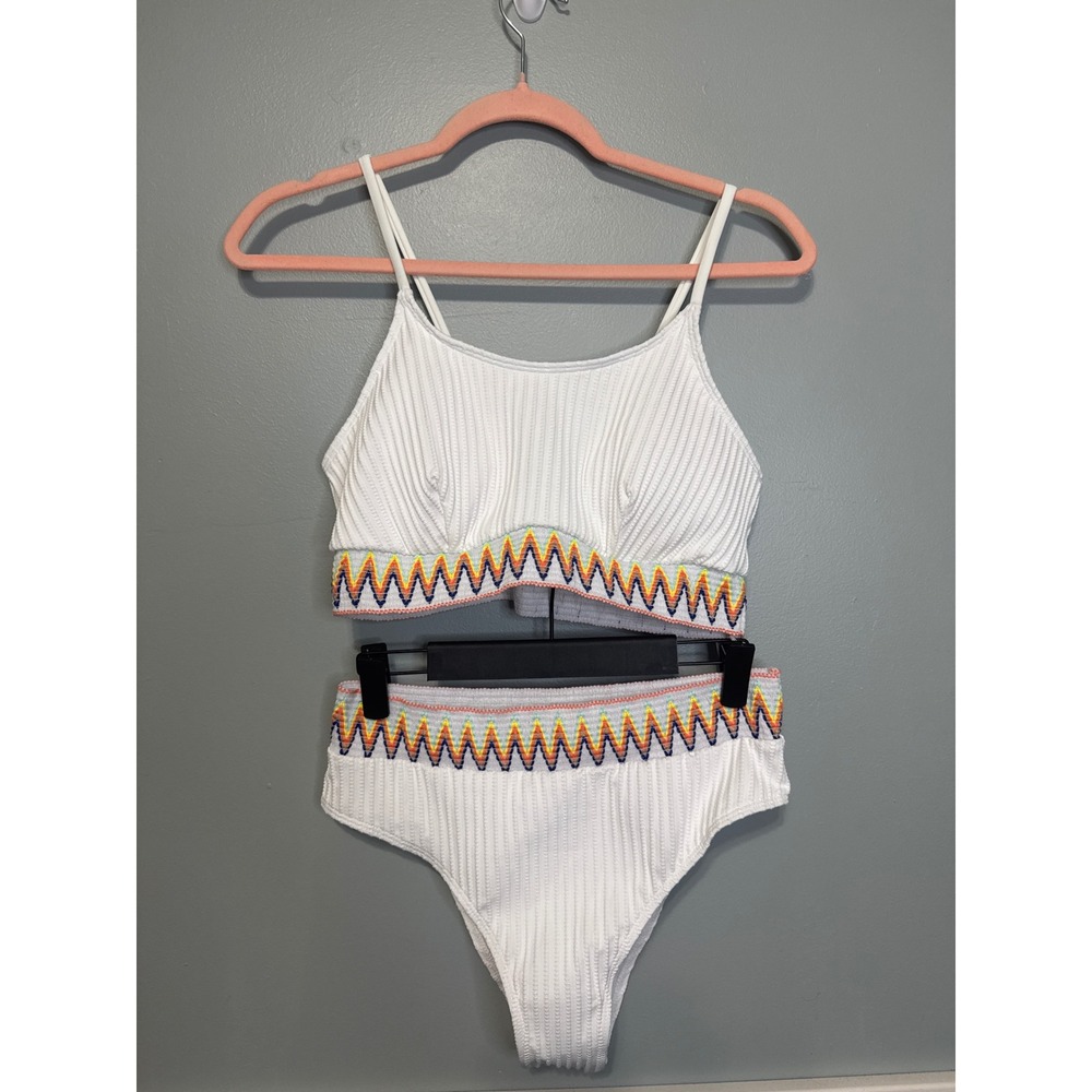 NWOT White Bikini‎ Set Ribbed Two Piece Swimsuit High Waist Colorful Detail L